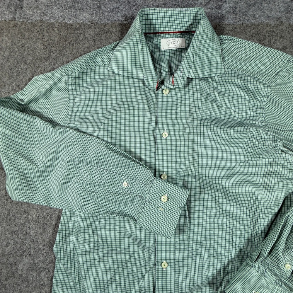 Eton Dress Shirt Men 15.5 39 Green Blue Micro Check Contemporary Fit Long Sleeve